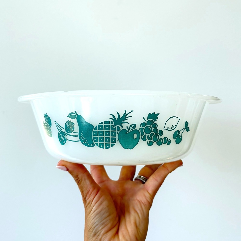 Glasbake Vintage Milk Glass 2 Quart Casserole Dish Teal Fruit Pattern J514